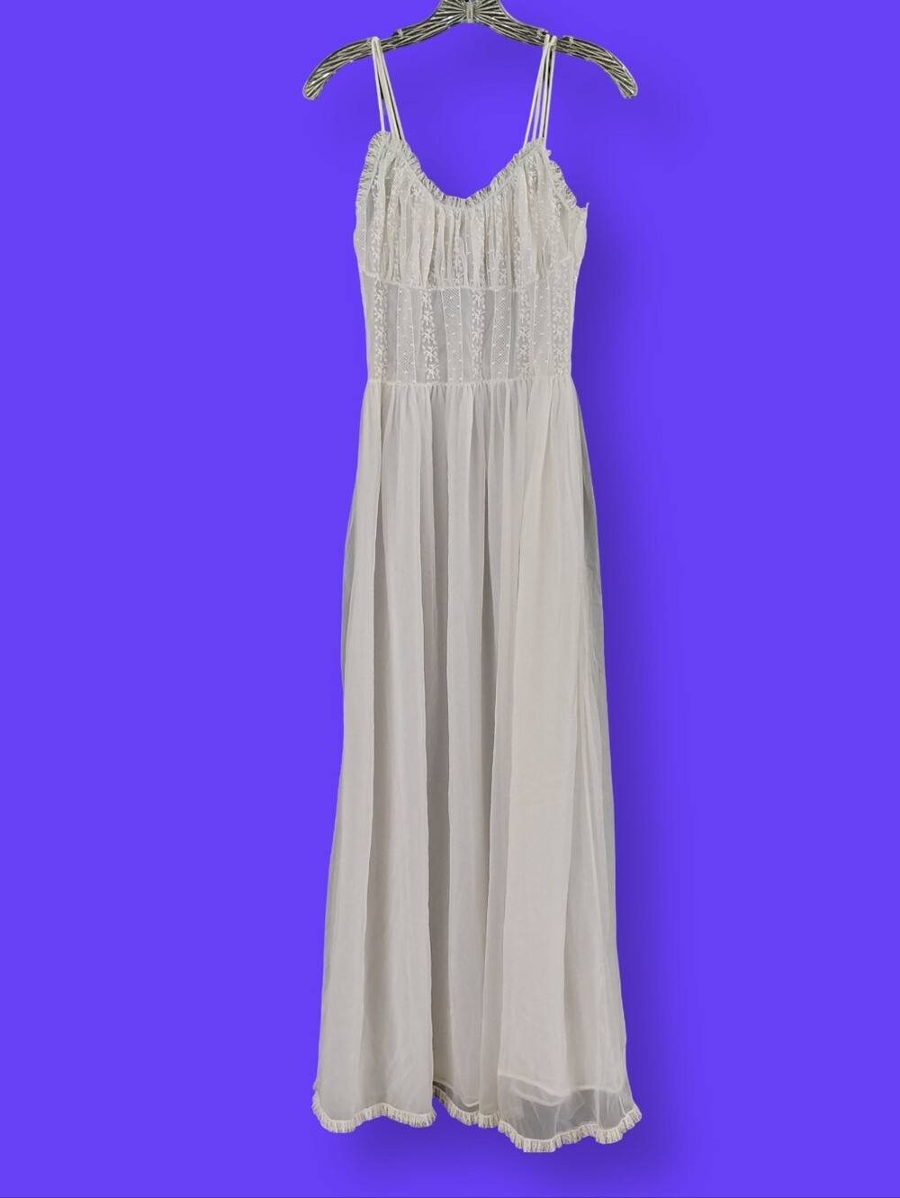 Vtg 50s Lace Tricot Nylon White Nightgown Sz 32 Maxi Dress Bridal Nightie Slip